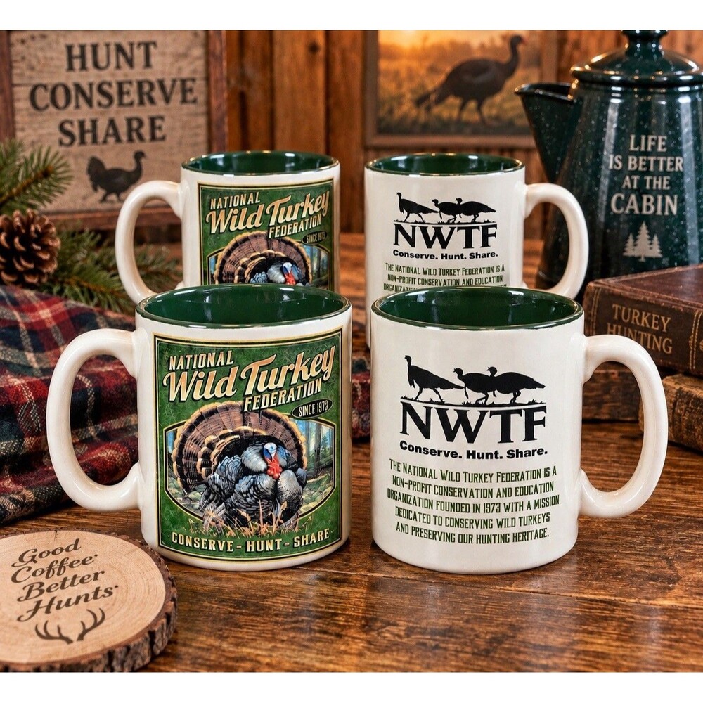 IdeaMan NWTF National Wild Turkey Federation Set 4 Ceramic Mugs Turkey White/Grn